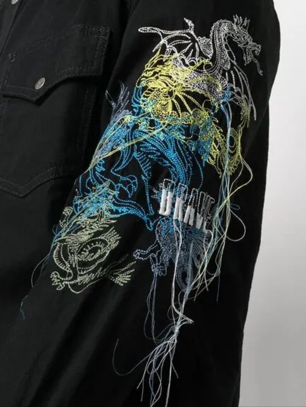Diesel Black Western Shirt Embroidered Dragon Graphic Sleeve Size L